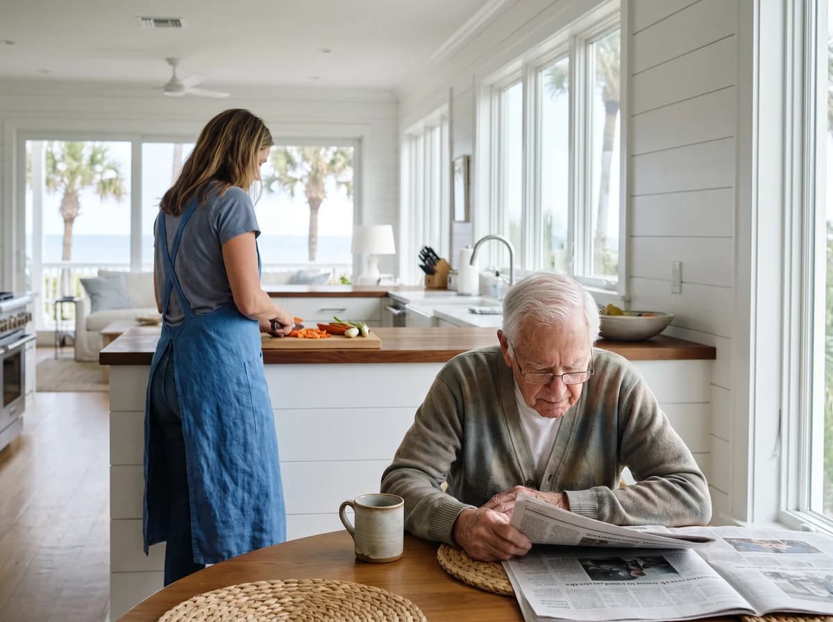 Focus Family Care caregiver providing around-the-clock care to a client at home in Jupiter, Florida