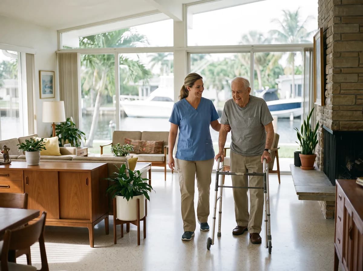 Focus Family Care home health aide helping a senior with daily care at home in Fort Lauderdale, Florida