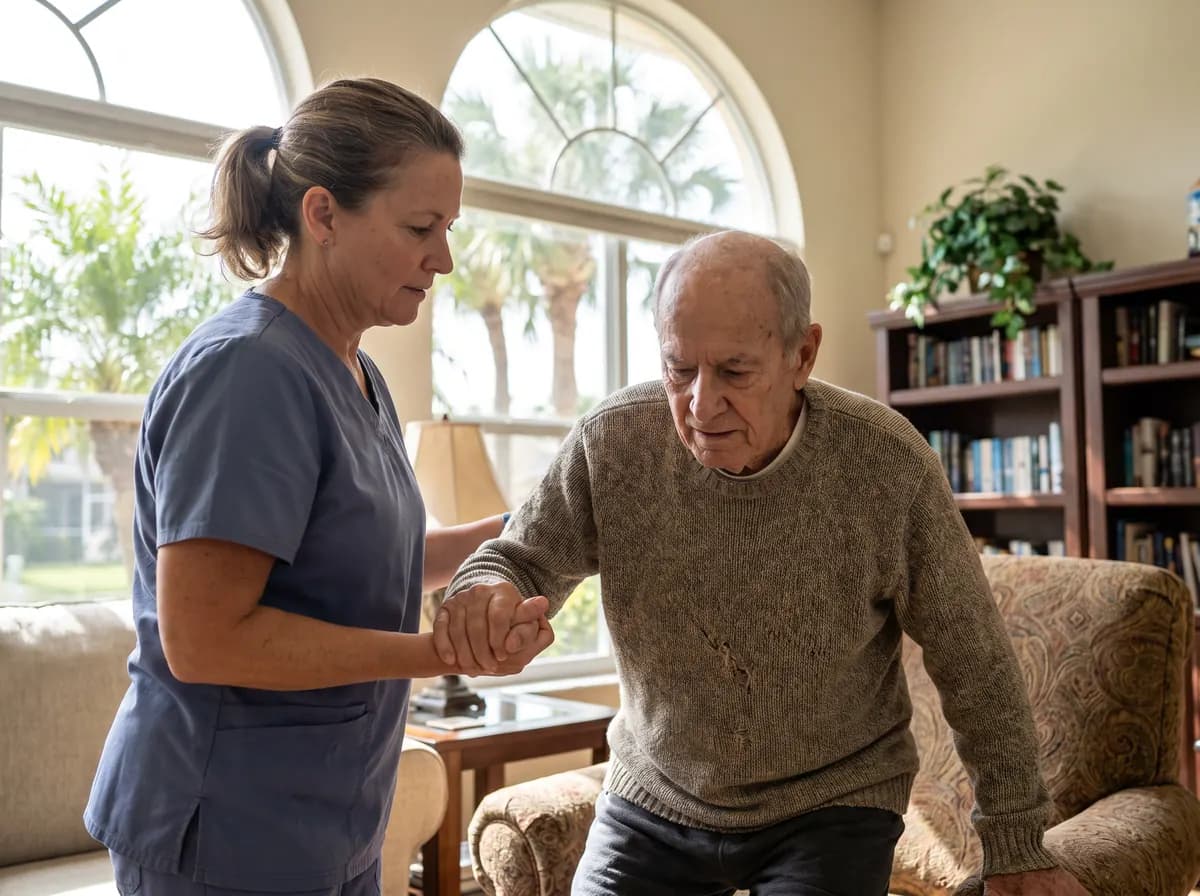 Focus Family Care home health aide helping a senior with daily care at home in West Palm Beach, Florida
