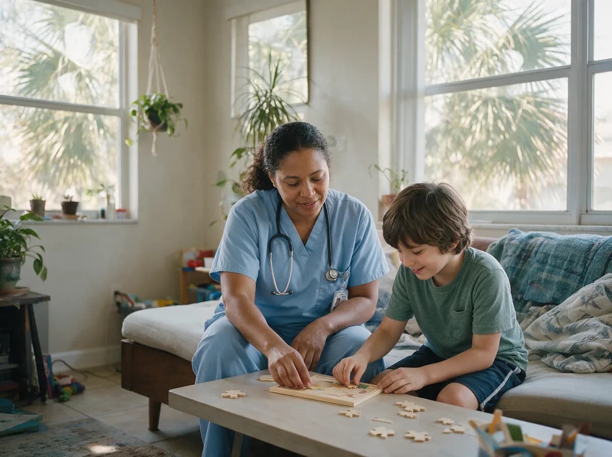 Focus Family Care caregiver supporting a child on the autism spectrum with a calm activity at home