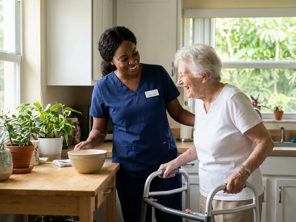 A Focus Family Care home health aide caring for a client at home in South Florida