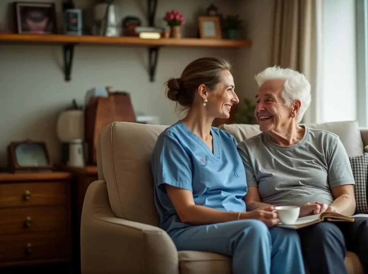 A Focus Family Care companion caregiver sharing conversation with a senior at home