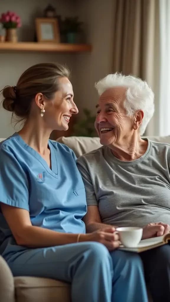 A Focus Family Care companion caregiver sharing conversation with a senior at home