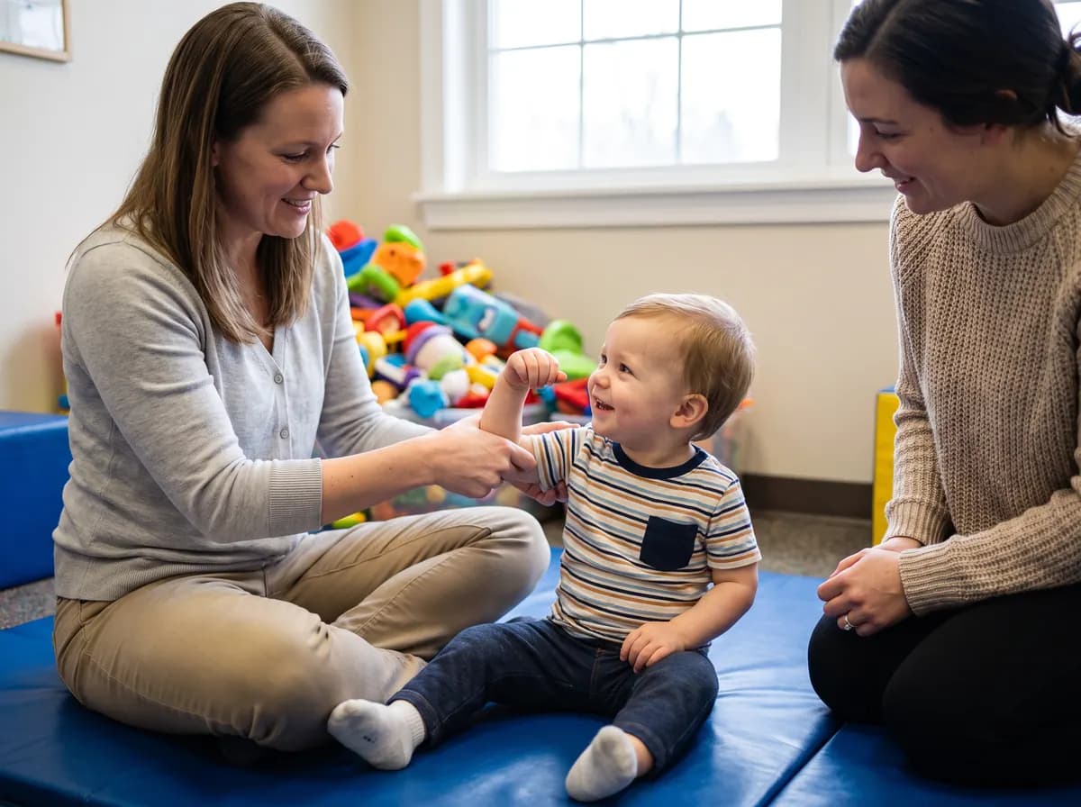 A pediatric therapist working with a child with arthrogryposis at home