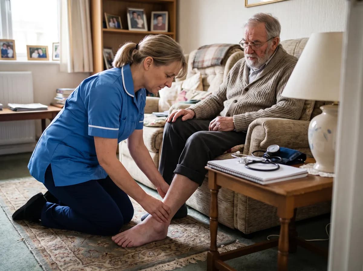 A home health nurse checking on a senior with congestive heart failure at home