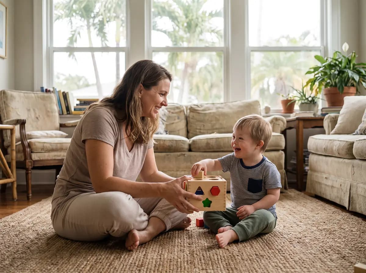 A caregiver supporting a child with Down syndrome at home