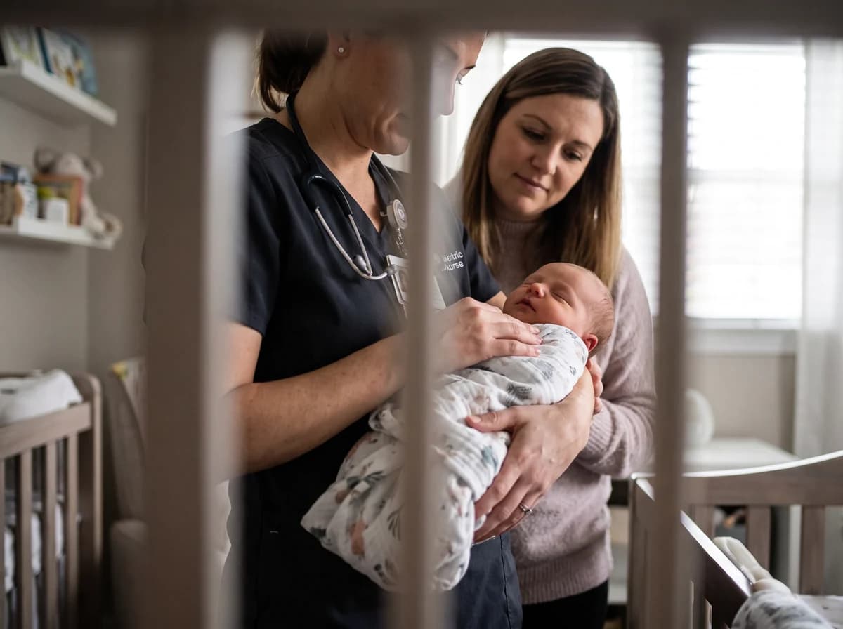 A pediatric nurse caring for a medically complex infant at home