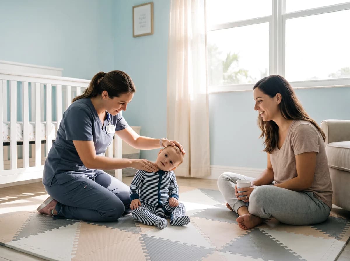 A caregiver gently supporting a baby with torticollis at home