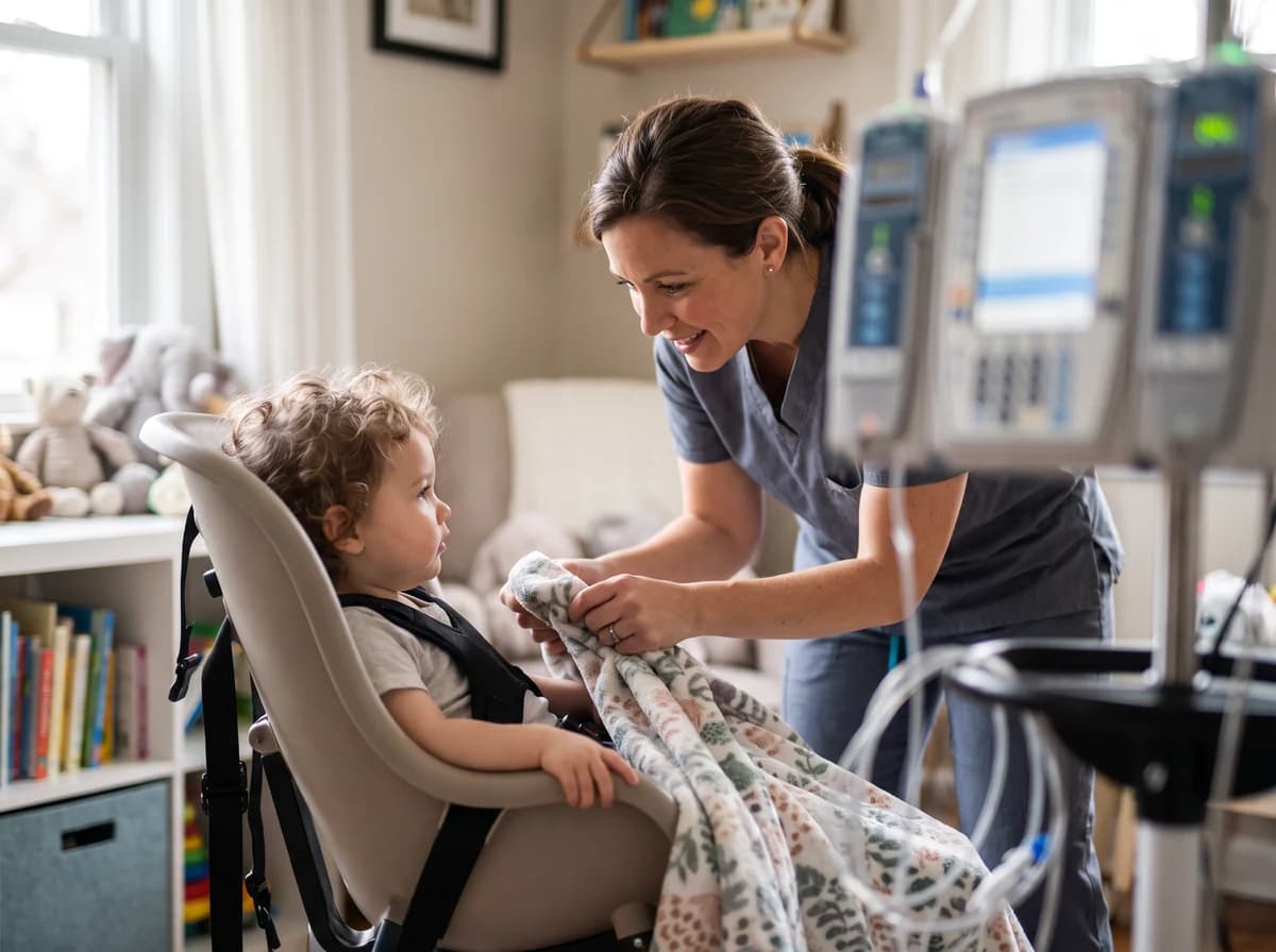 A pediatric nurse monitoring a child with Lennox-Gastaut syndrome at home
