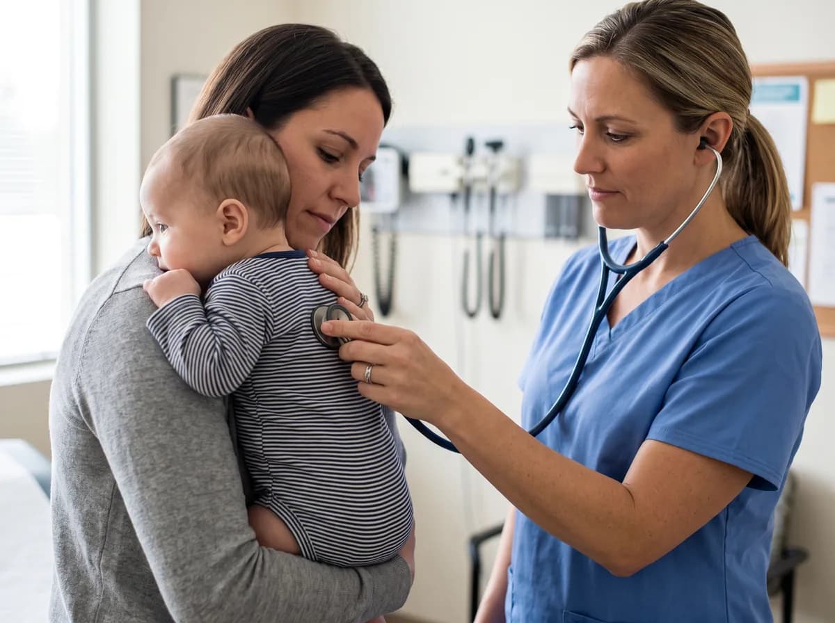 A pediatric nurse monitoring a child's breathing at home
