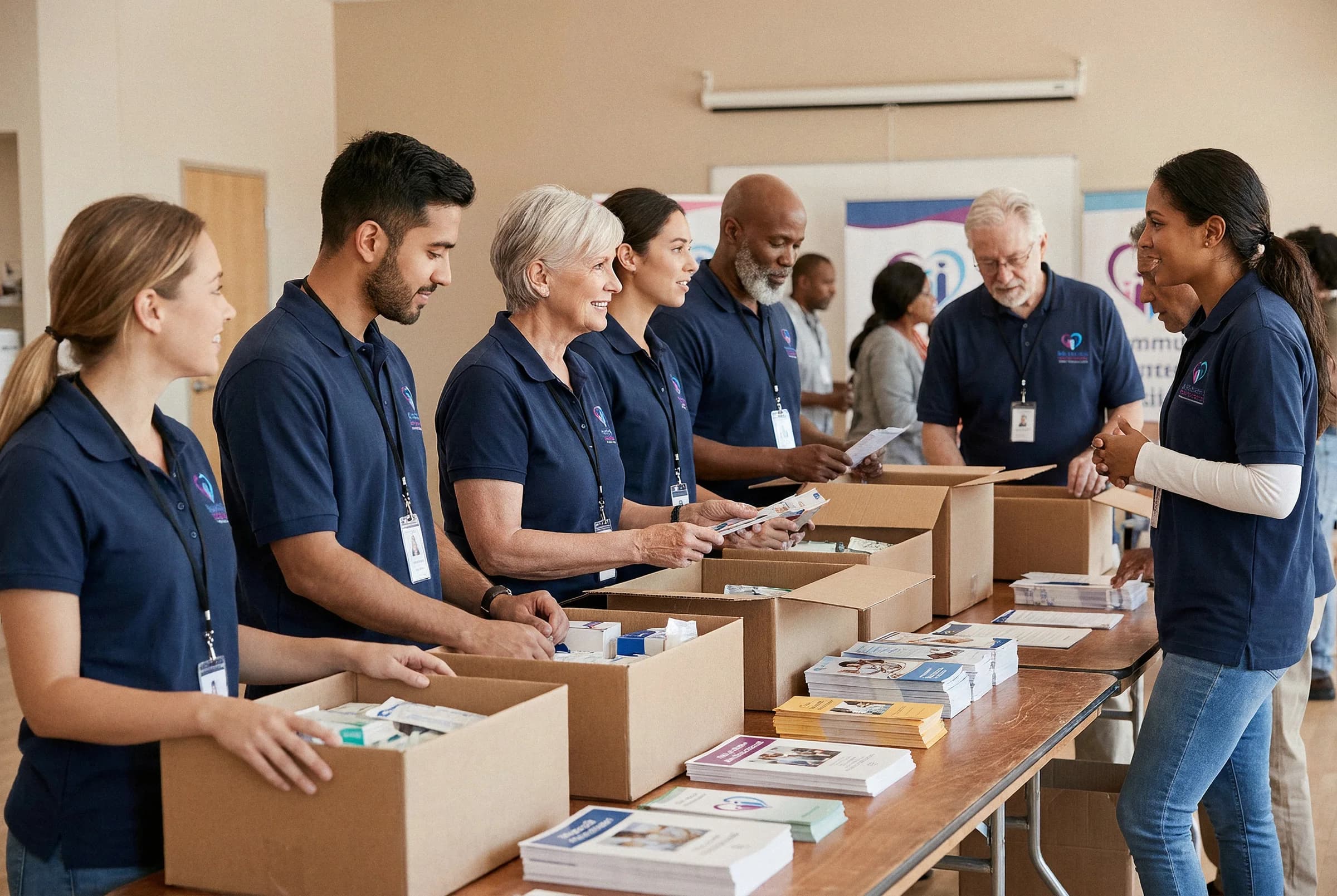 Marshall Heart Foundation volunteers in branded polo shirts preparing boxes of medical supplies and healthcare resources at a community outreach event