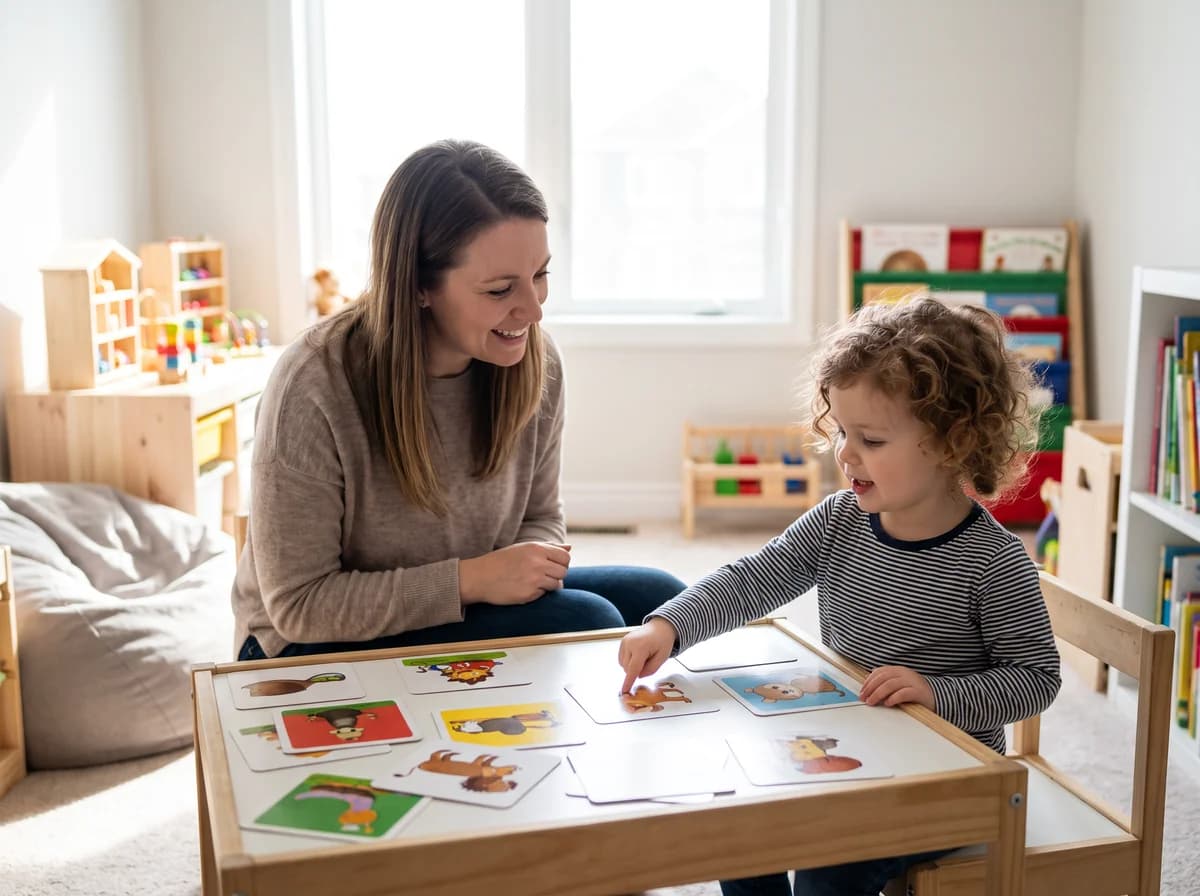 A caregiver engaging a young child in speech and language play at home