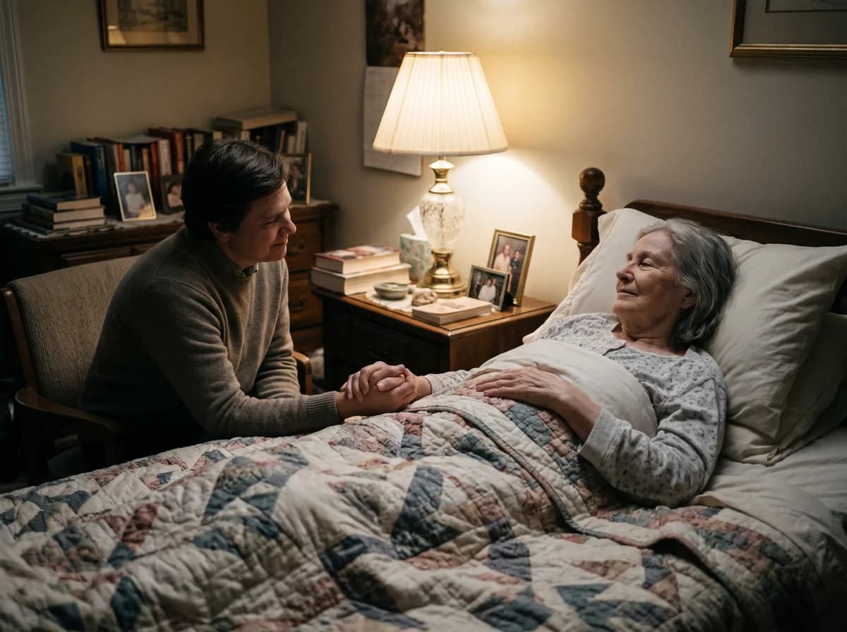 A caregiver gently holding the hand of a loved one in late-stage dementia