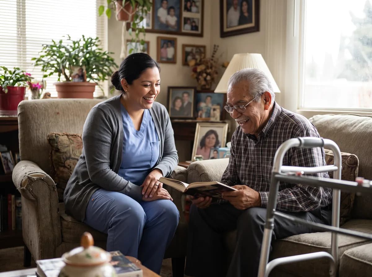 Cuidadora de Focus Family Care sonriendo junto a un adulto mayor en su casa