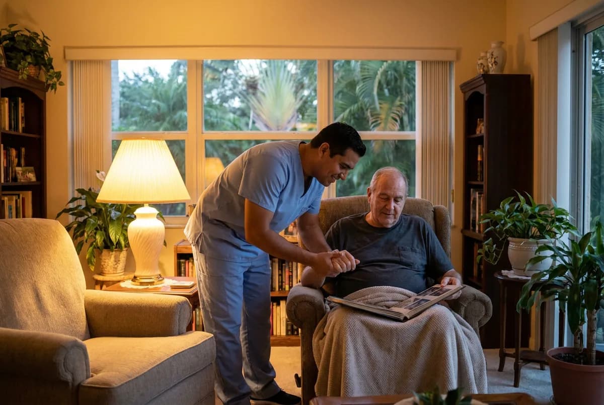 Focus Family Care caregiver in blue scrubs helping an elderly man at home in the evening during 24-hour home care in West Palm Beach, Florida