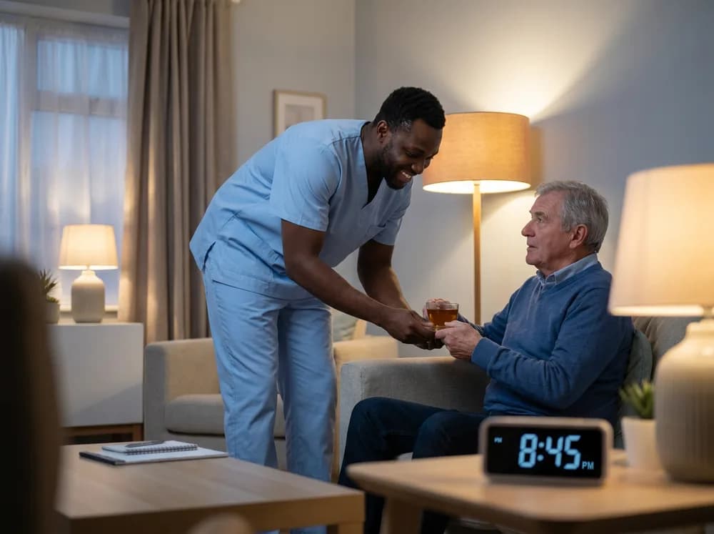 Focus Family Care live-in caregiver supporting a senior at home in the evening