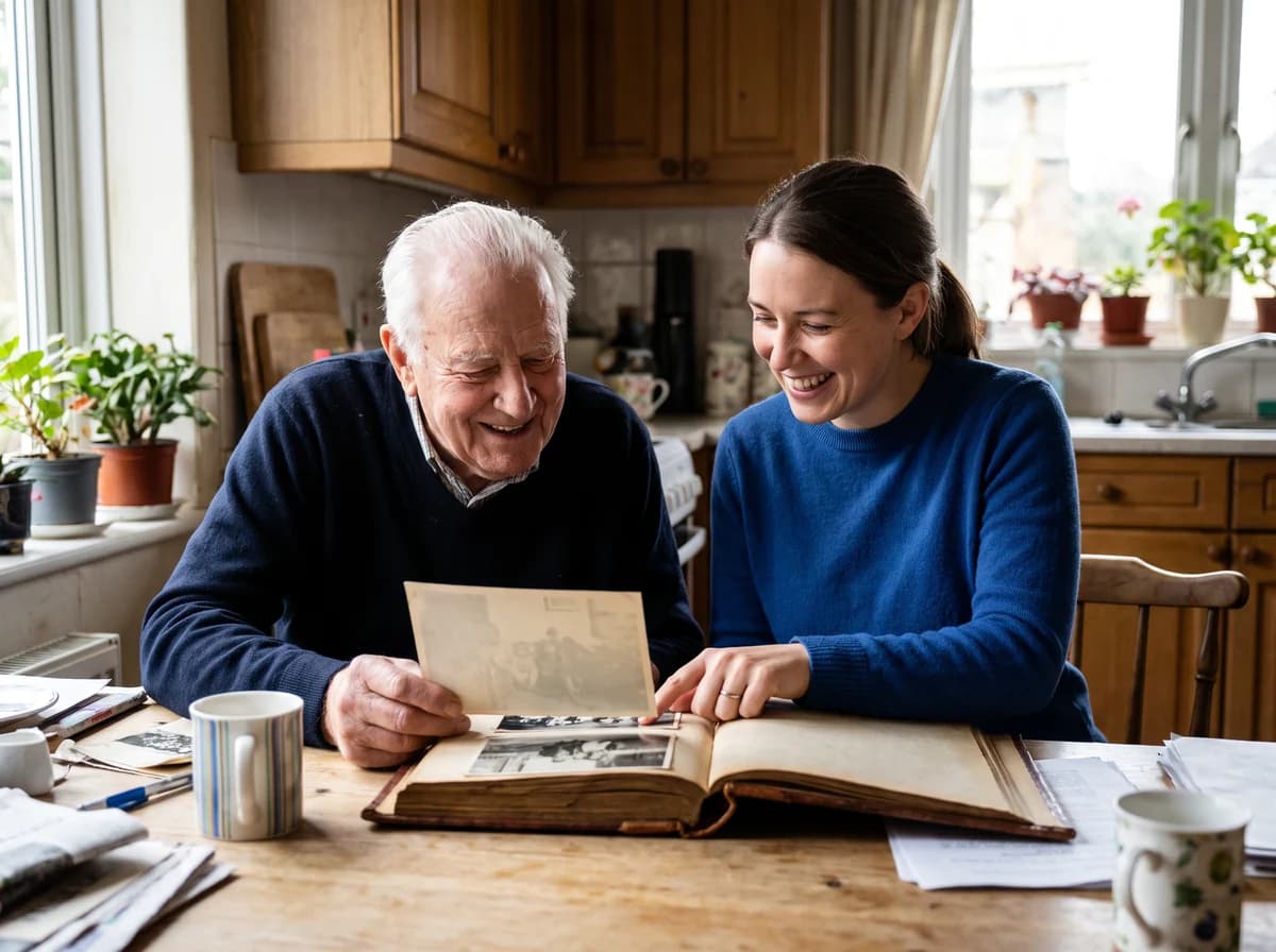 Focus Family Care caregiver looking through a photo album with a senior during memory care