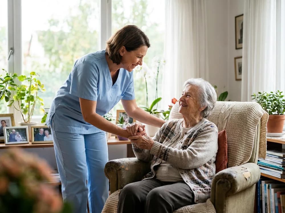 Focus Family Care caregiver looking through a photo album with a senior during memory care