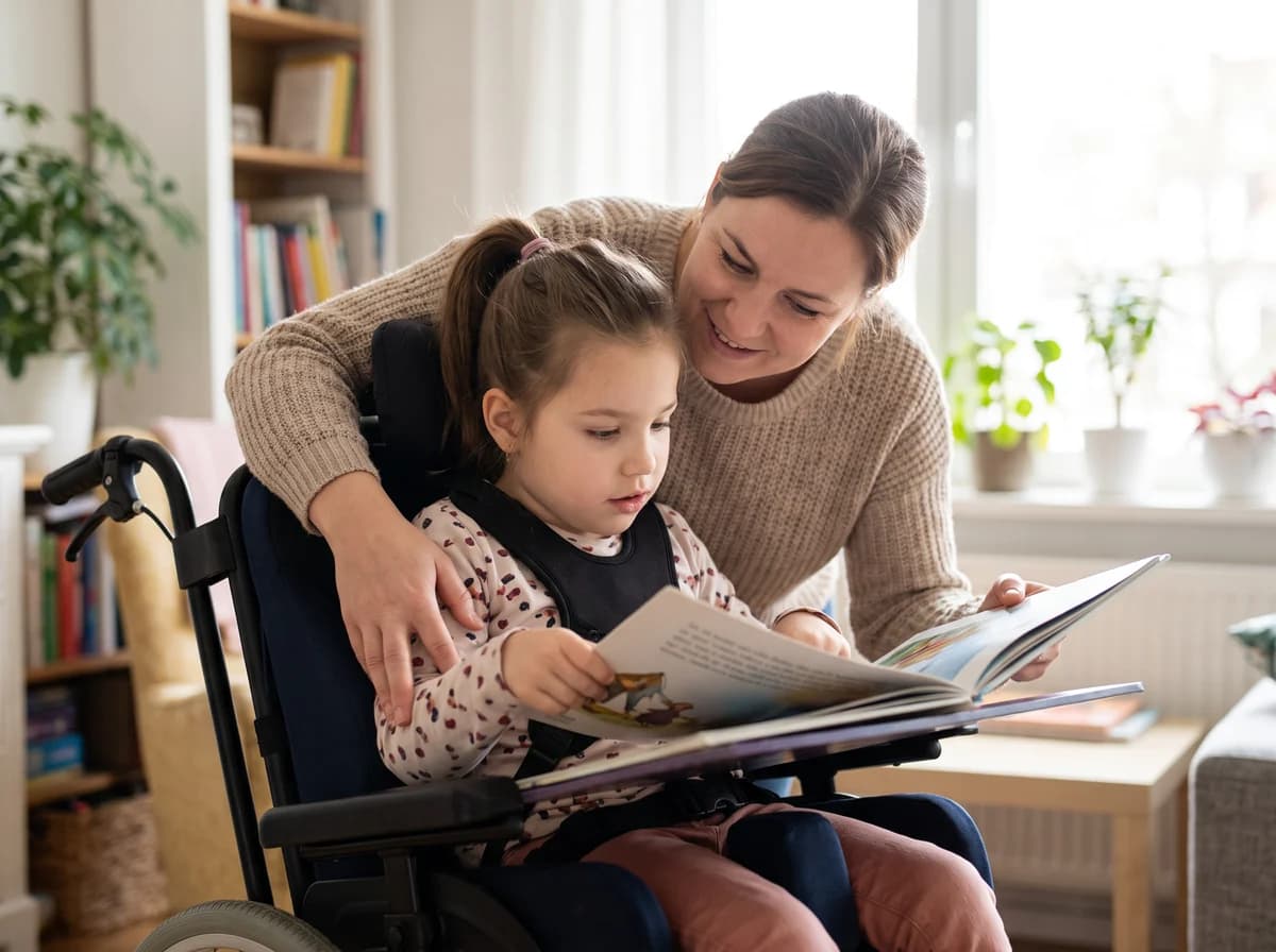 Focus Family Care caregiver supporting a smiling teenager who uses a wheelchair at home