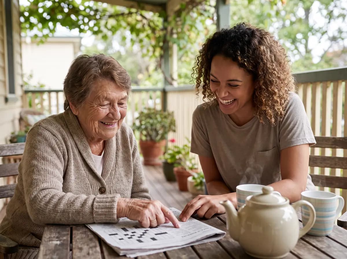 Focus Family Care companion caregiver talking with a senior client at home