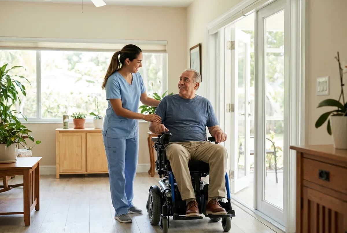Focus Family Care caregiver assisting a young adult who uses a wheelchair with a task at home
