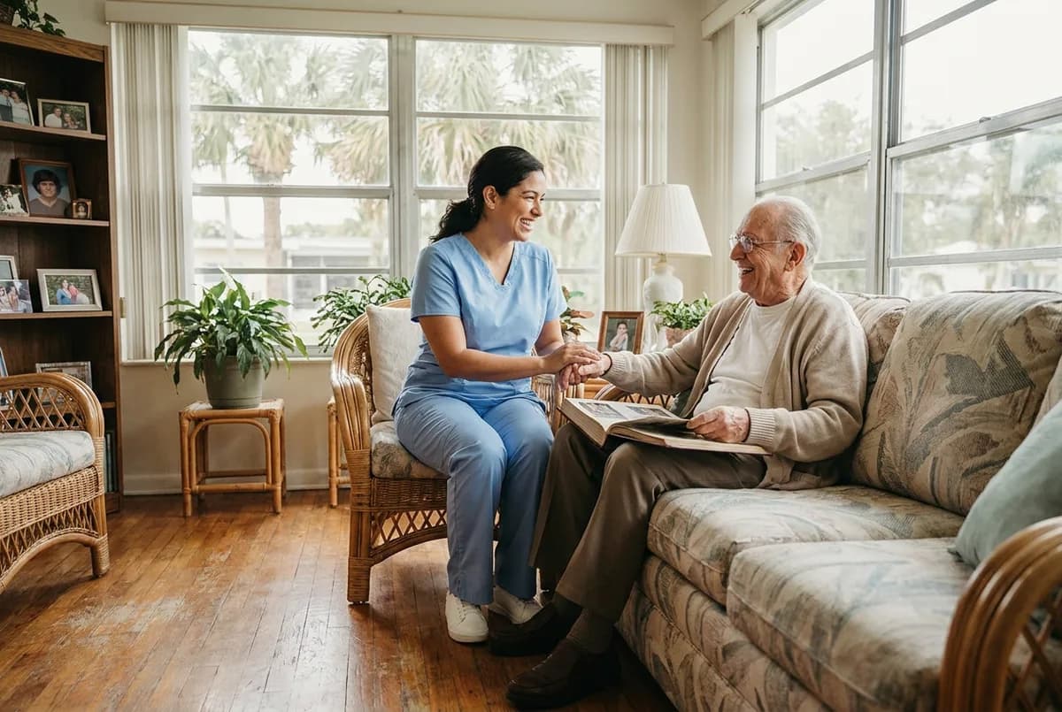 Focus Family Care caregiver sharing a warm conversation with an elderly woman at home