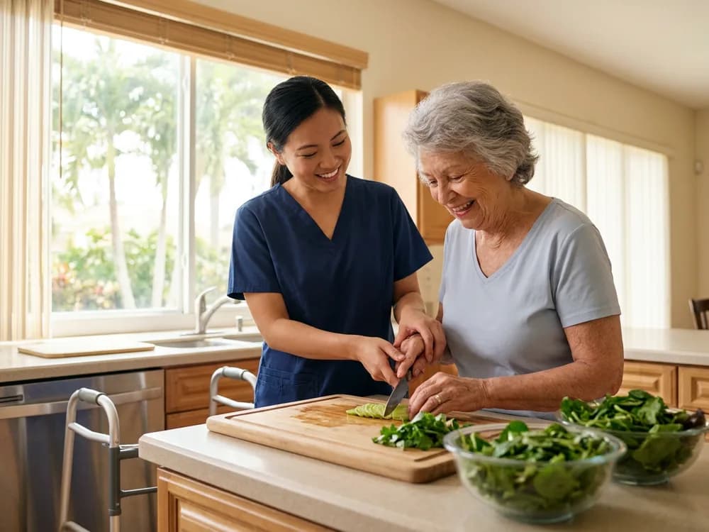 Home health aide helping a senior woman prepare a healthy meal in the kitchen