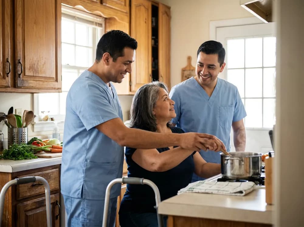 A home caregiver helping a senior with daily tasks at home