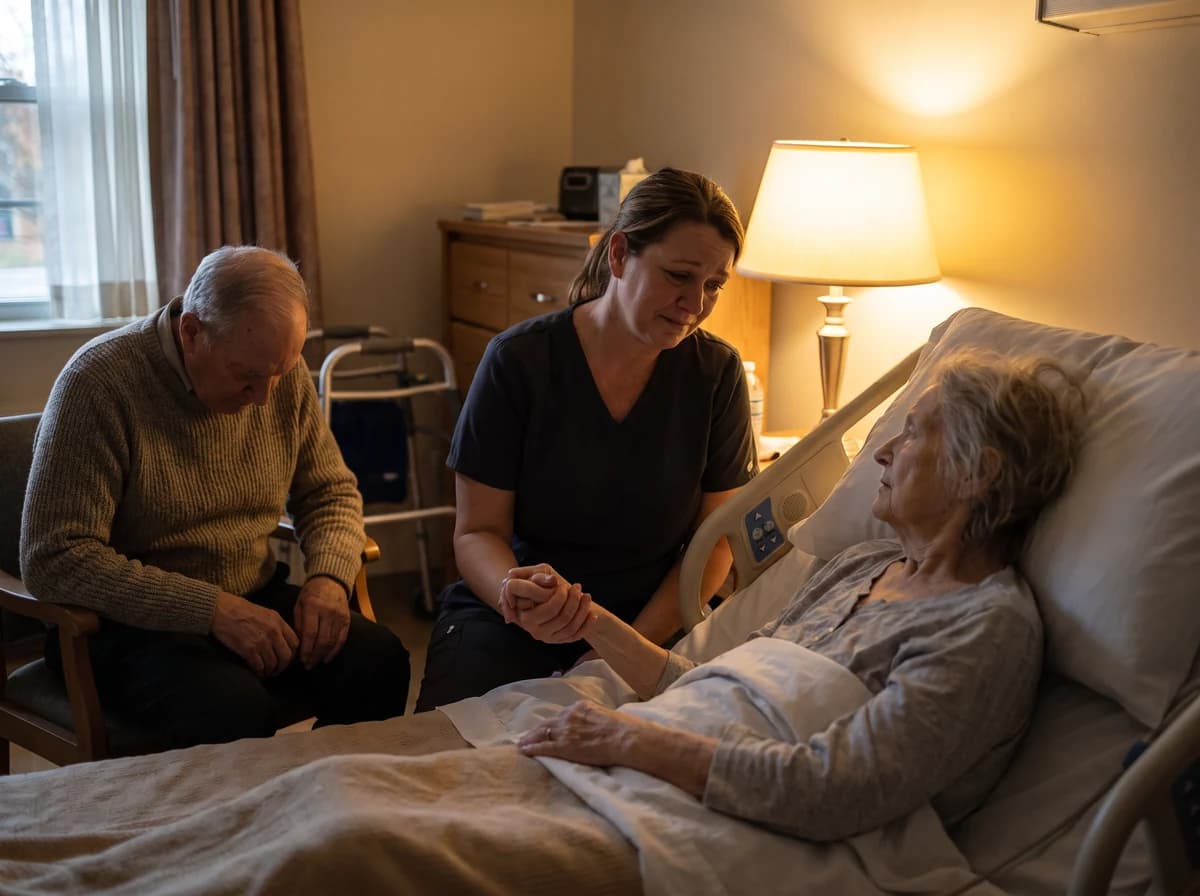 Focus Family Care aide gently caring for a peaceful elderly woman resting at home during hospice support