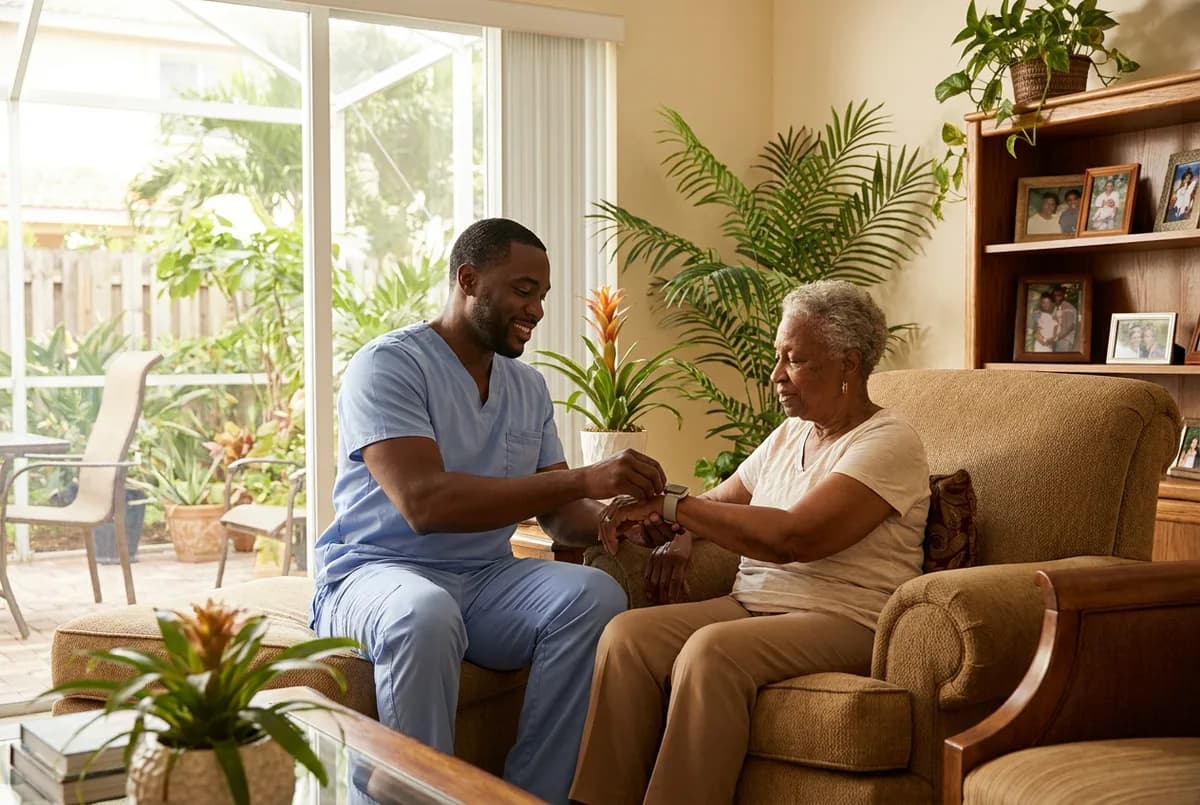 Focus Family Care caregiver comforting an elderly woman in her living room during long-term care