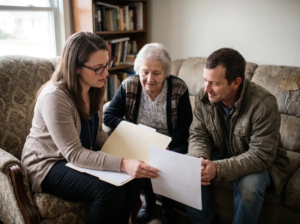 Focus Family Care medical social worker reviewing benefits paperwork with a family at home