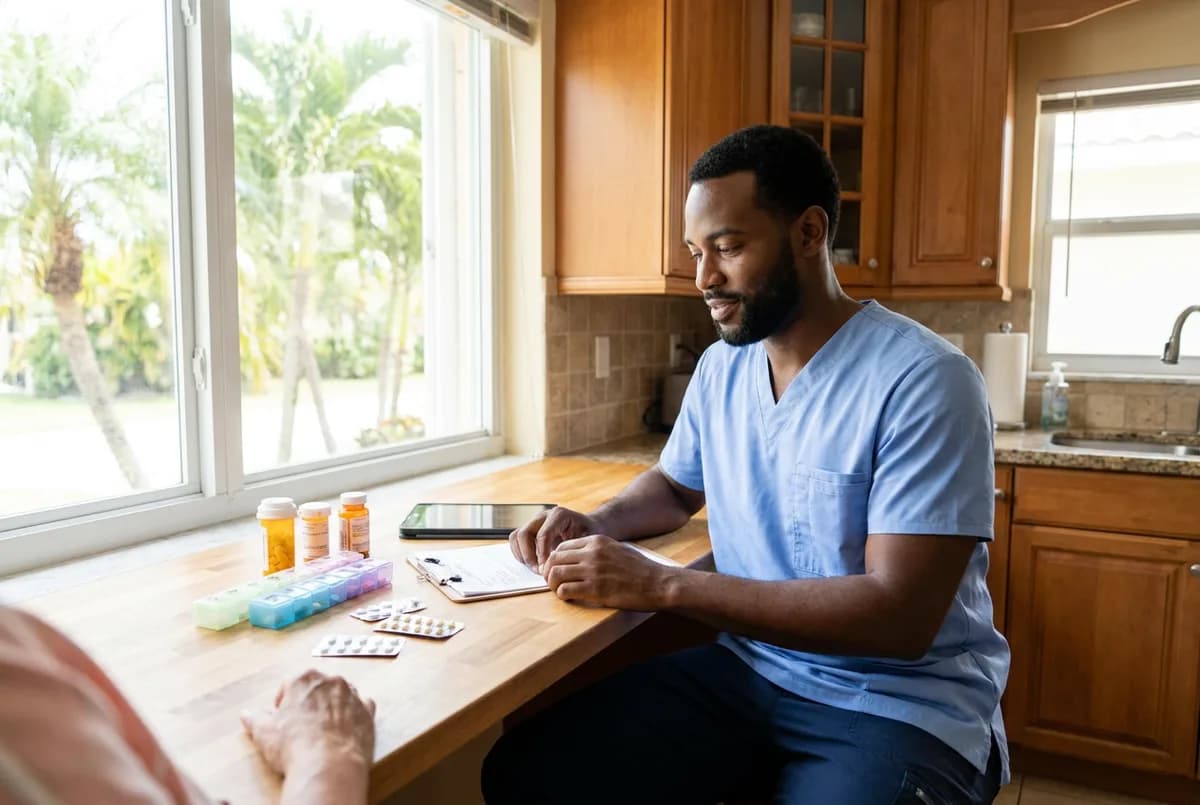 Focus Family Care nurse filling a weekly pill organizer with a senior at a kitchen table