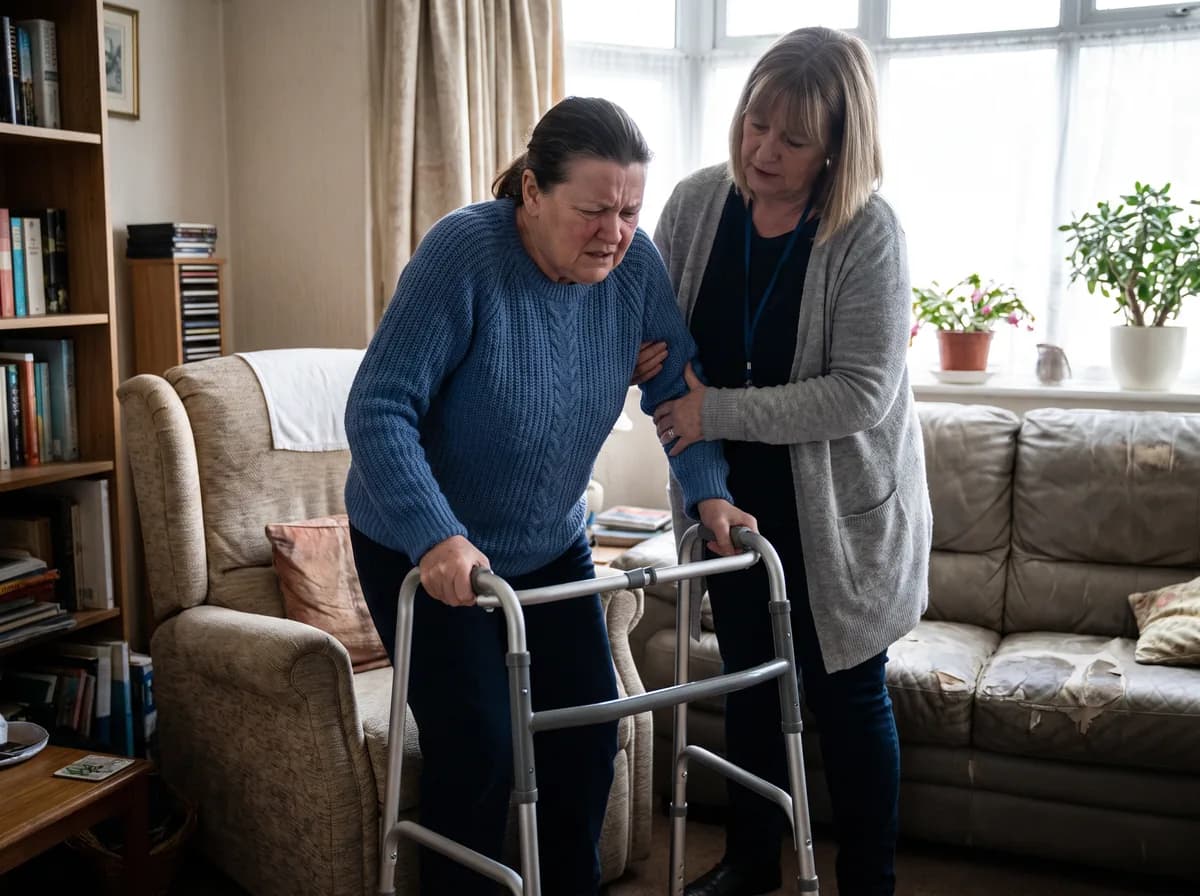 Focus Family Care caregiver helping a younger adult with multiple sclerosis walk at home in South Florida