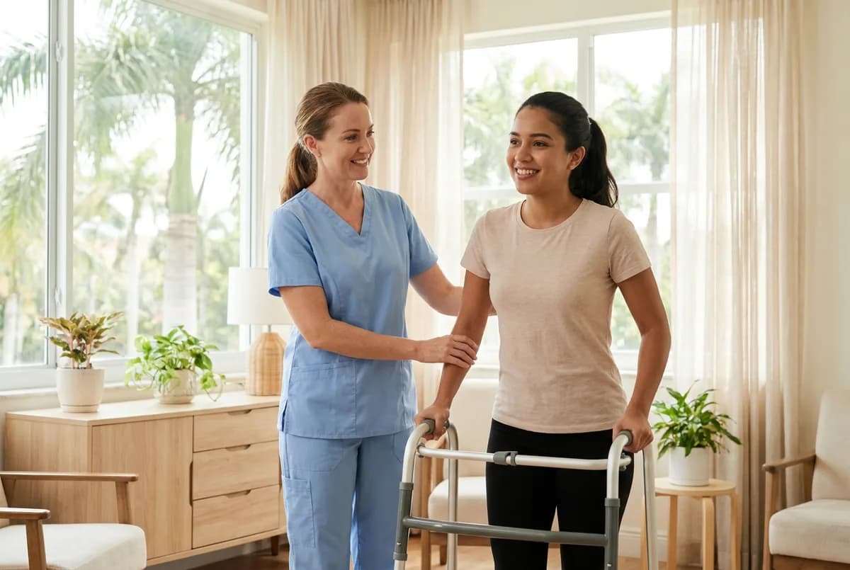 Focus Family Care caregiver helping a younger adult with multiple sclerosis walk at home in South Florida