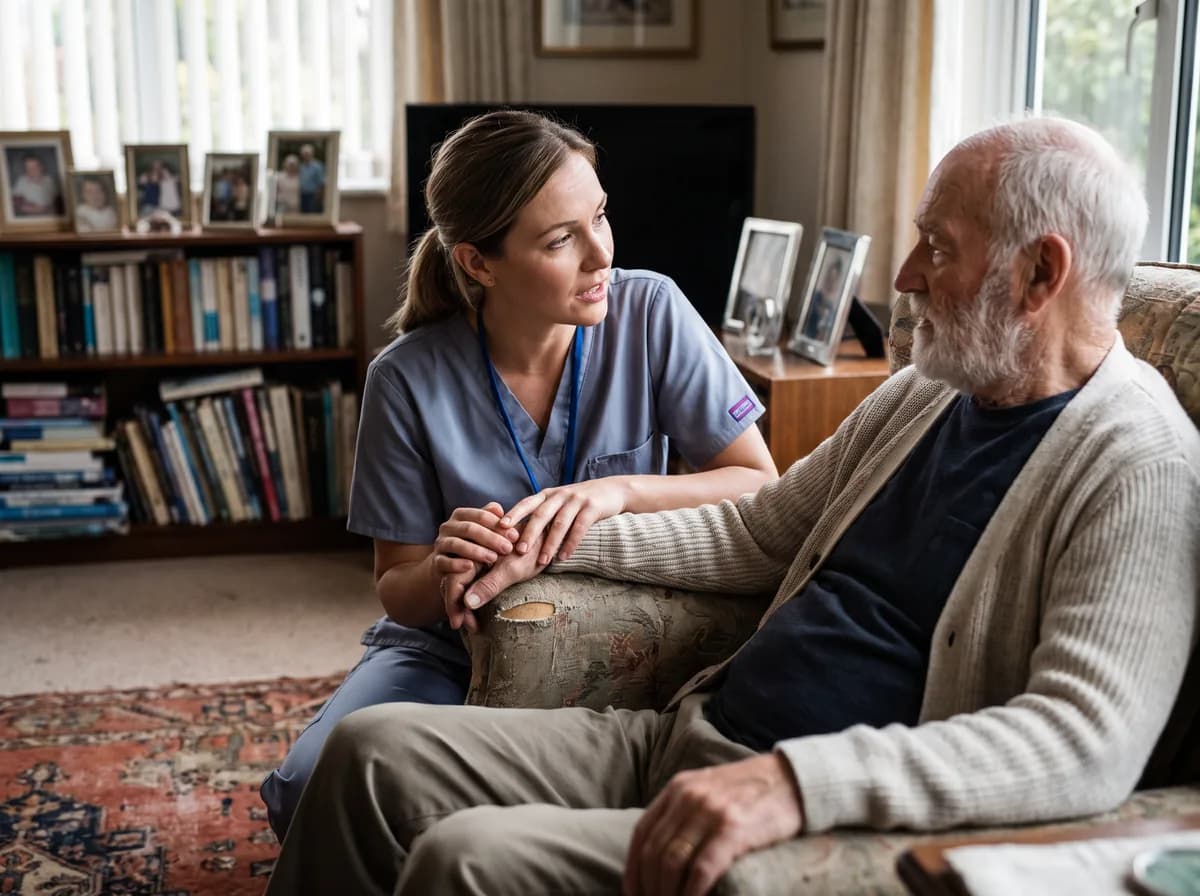 Focus Family Care nurse gently holding the hand of a comfortable senior during palliative care at home