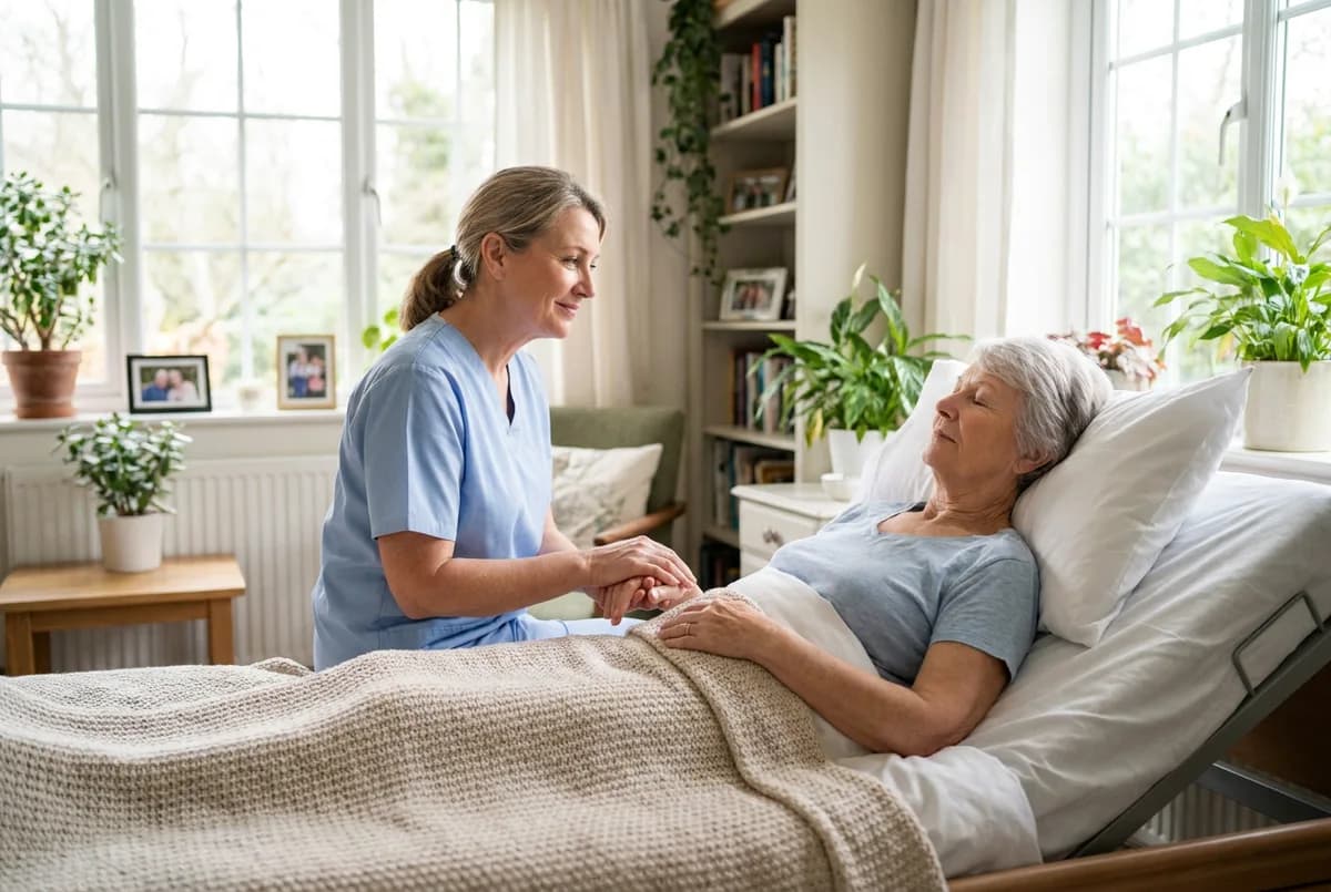 Focus Family Care nurse gently holding the hand of a comfortable senior during palliative care at home