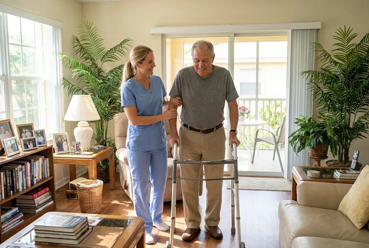 Focus Family Care caregiver steadying a senior man with a cane during Parkinson's home care