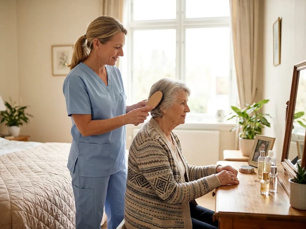 Focus Family Care caregiver helping a senior woman with grooming during personal care
