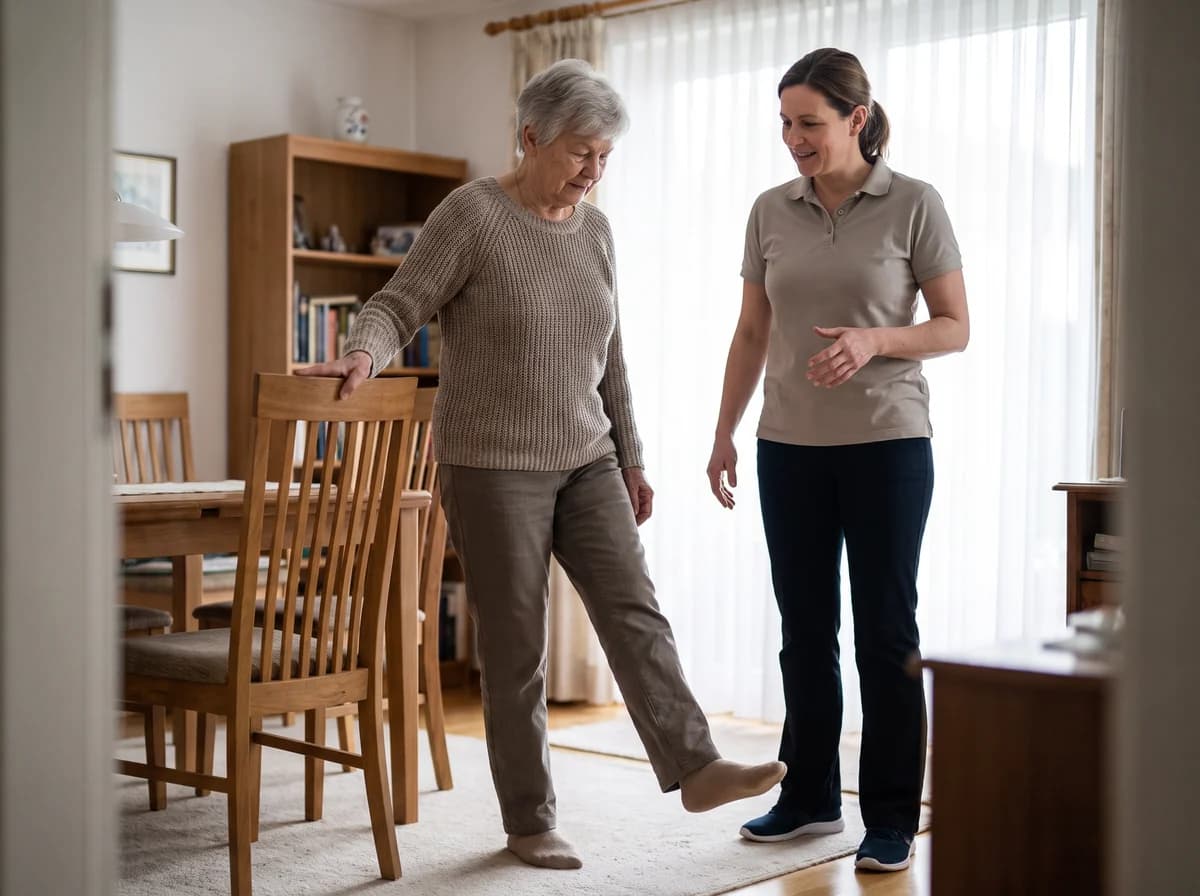Focus Family Care physical therapist guiding a senior woman through a balance exercise at home