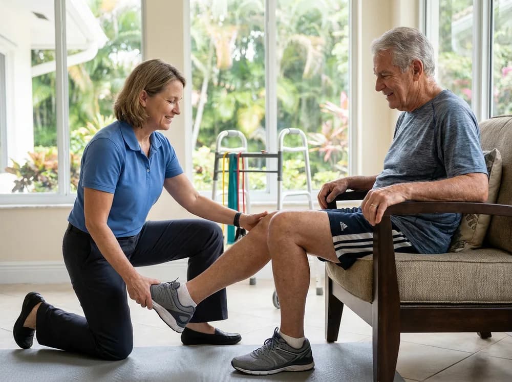 Focus Family Care physical therapist guiding a senior woman through a balance exercise at home