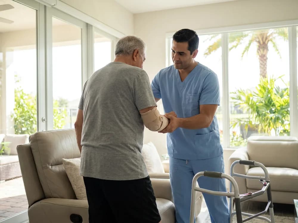 Focus Family Care nurse guiding a client through post-surgical recovery exercises at home