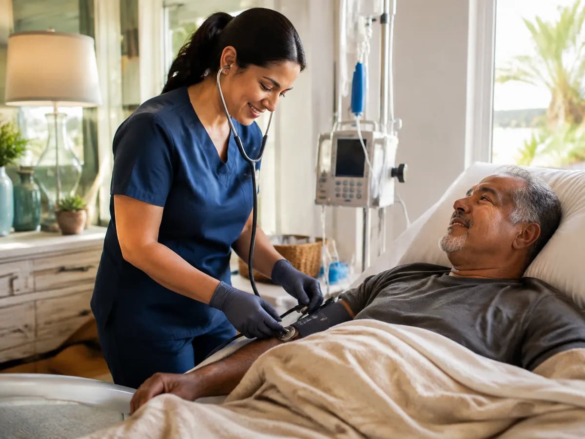 Focus Family Care private duty nurse providing one-on-one bedside care to an adult patient at home