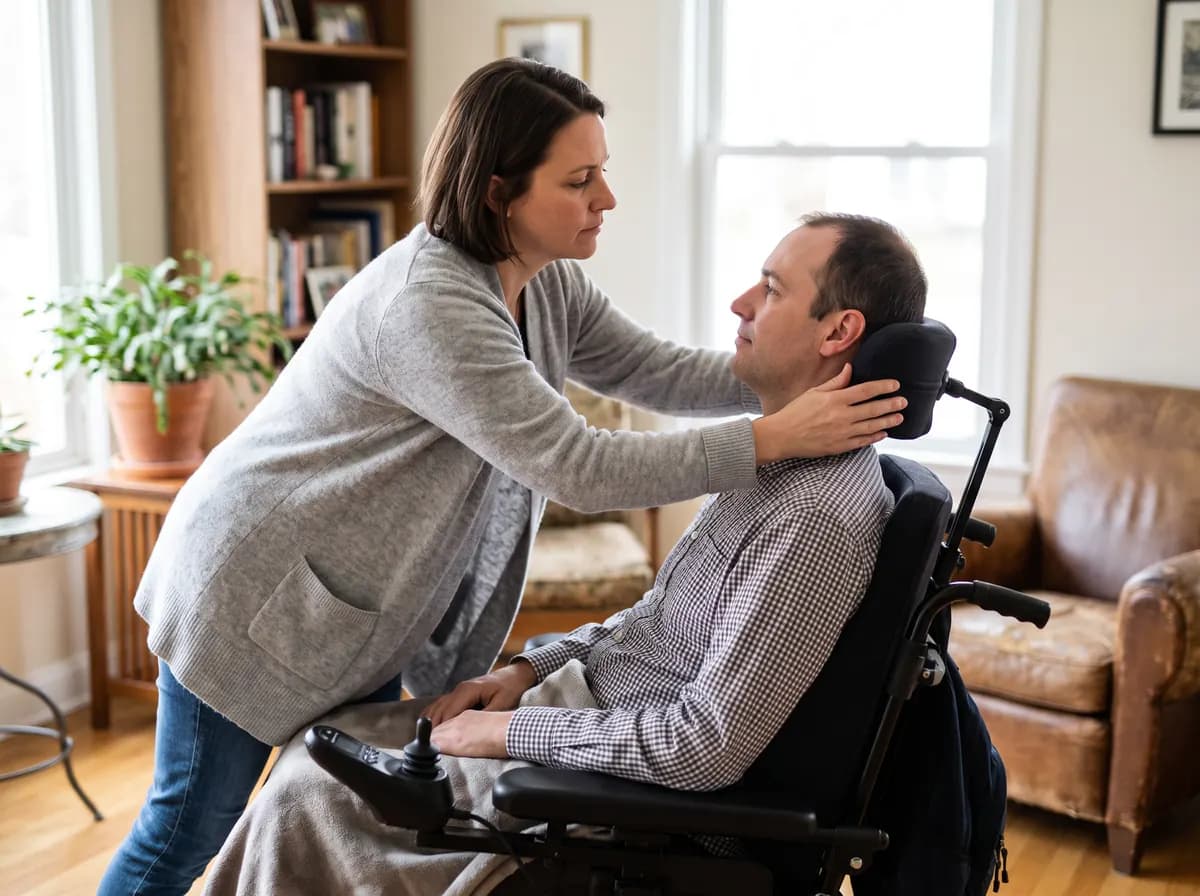 Focus Family Care nurse providing skilled home care to an adult quadriplegic patient in a wheelchair