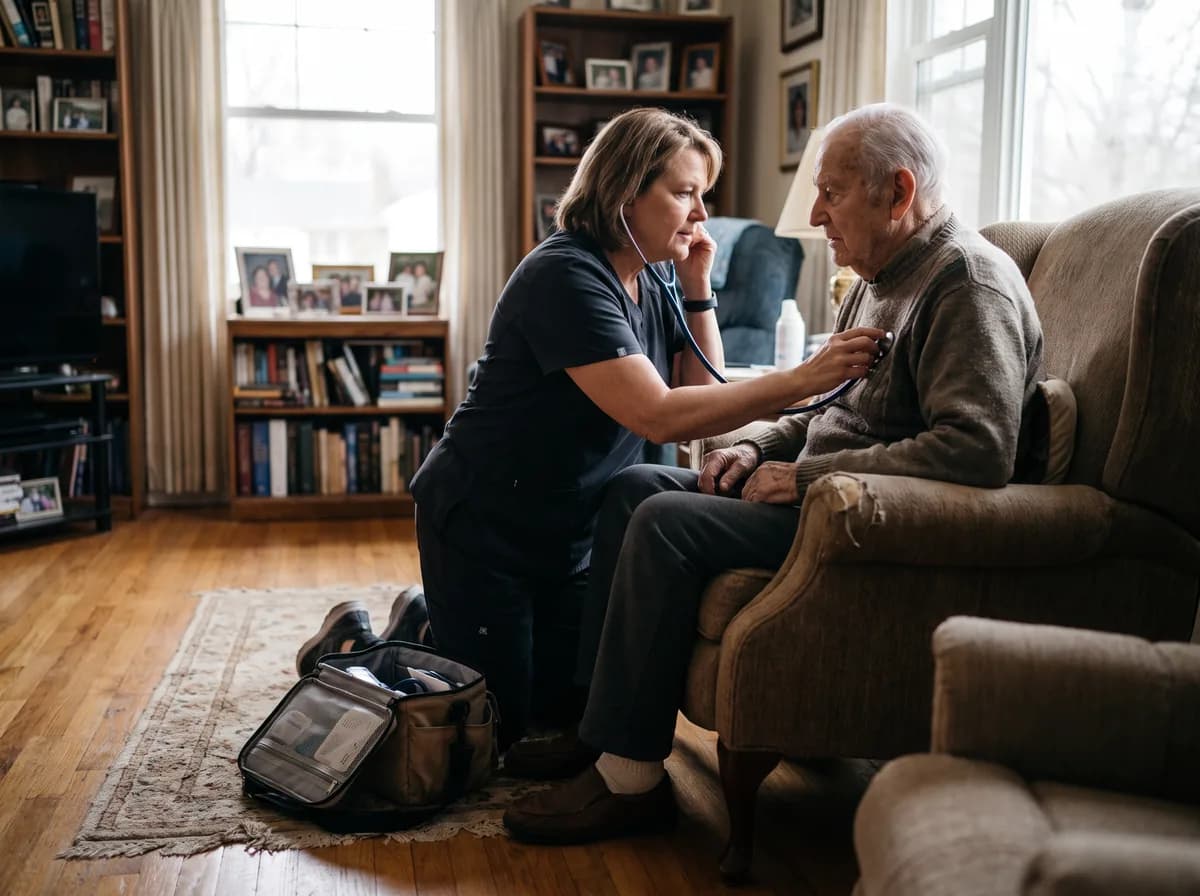 Registered nurse delivering skilled home health care to a senior at home
