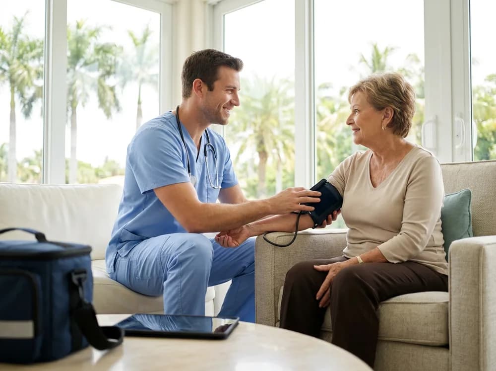 Focus Family Care registered nurse checking a senior client's blood pressure at home