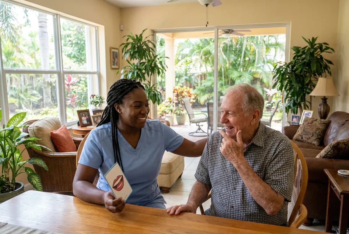 Focus Family Care speech therapist working with a senior woman on communication exercises at home