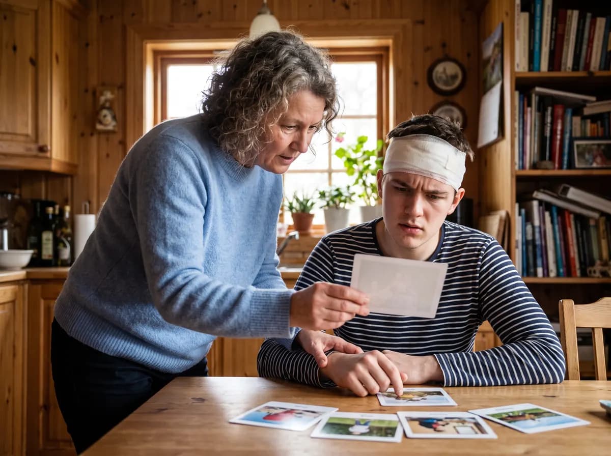 Focus Family Care caregiver patiently supporting a man with a cognitive activity during TBI home care