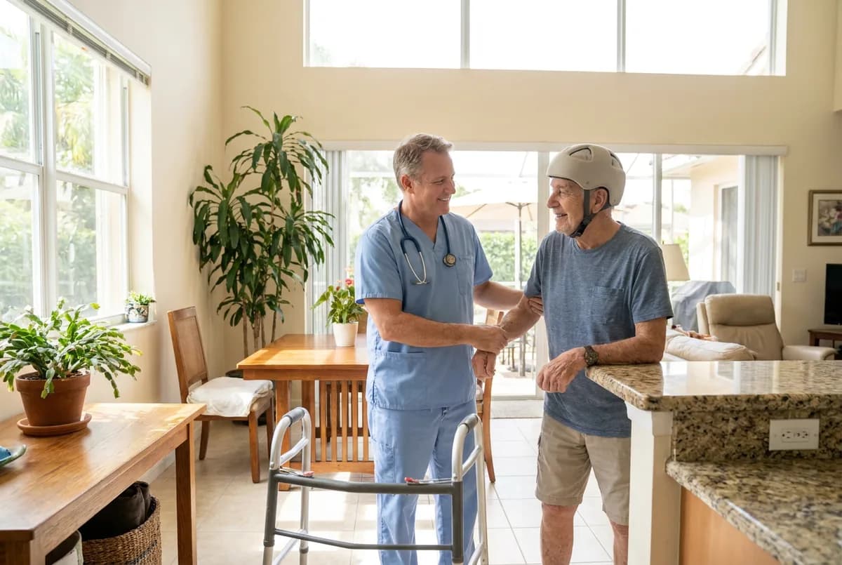 Focus Family Care caregiver patiently supporting a man with a cognitive activity during TBI home care