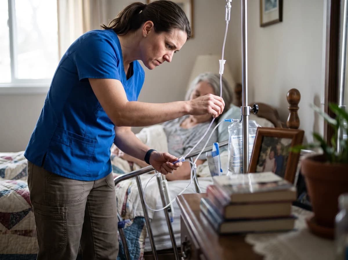 Focus Family Care nurse setting up enteral tube feeding for a patient at home in South Florida