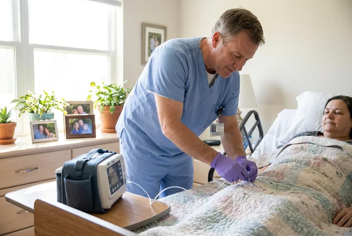 Focus Family Care nurse setting up enteral tube feeding for a patient at home in South Florida